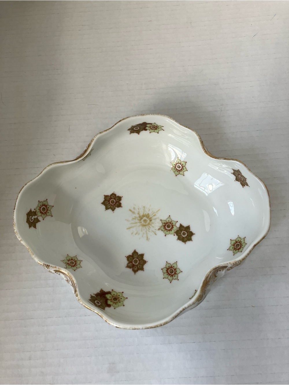 Antique French White Porcelain Bowl with Gold Starburst Accents & Scalloped Edge